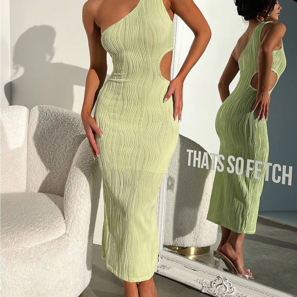 One-Shoulder Cutout Midi Dress in Light Lime